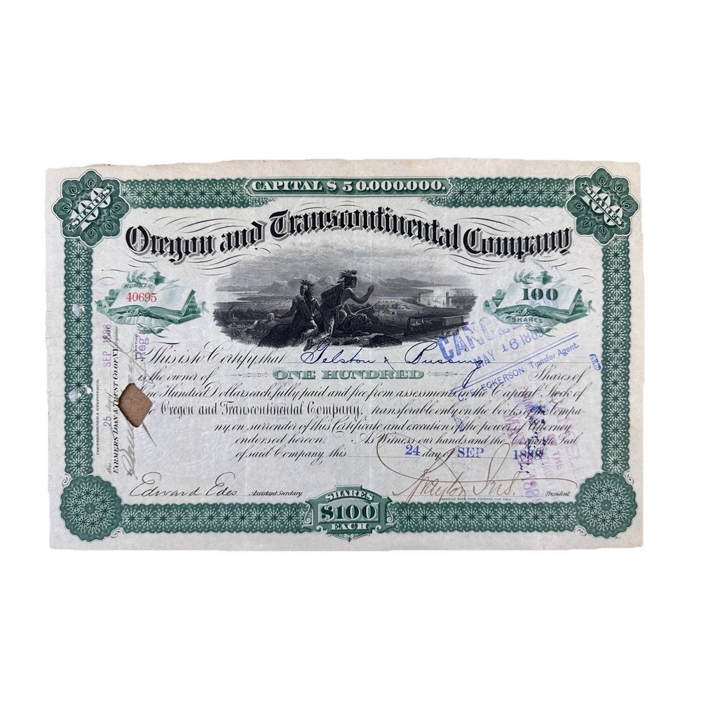 1888 Oregon‎ Transcontinental Company Stock Certificate